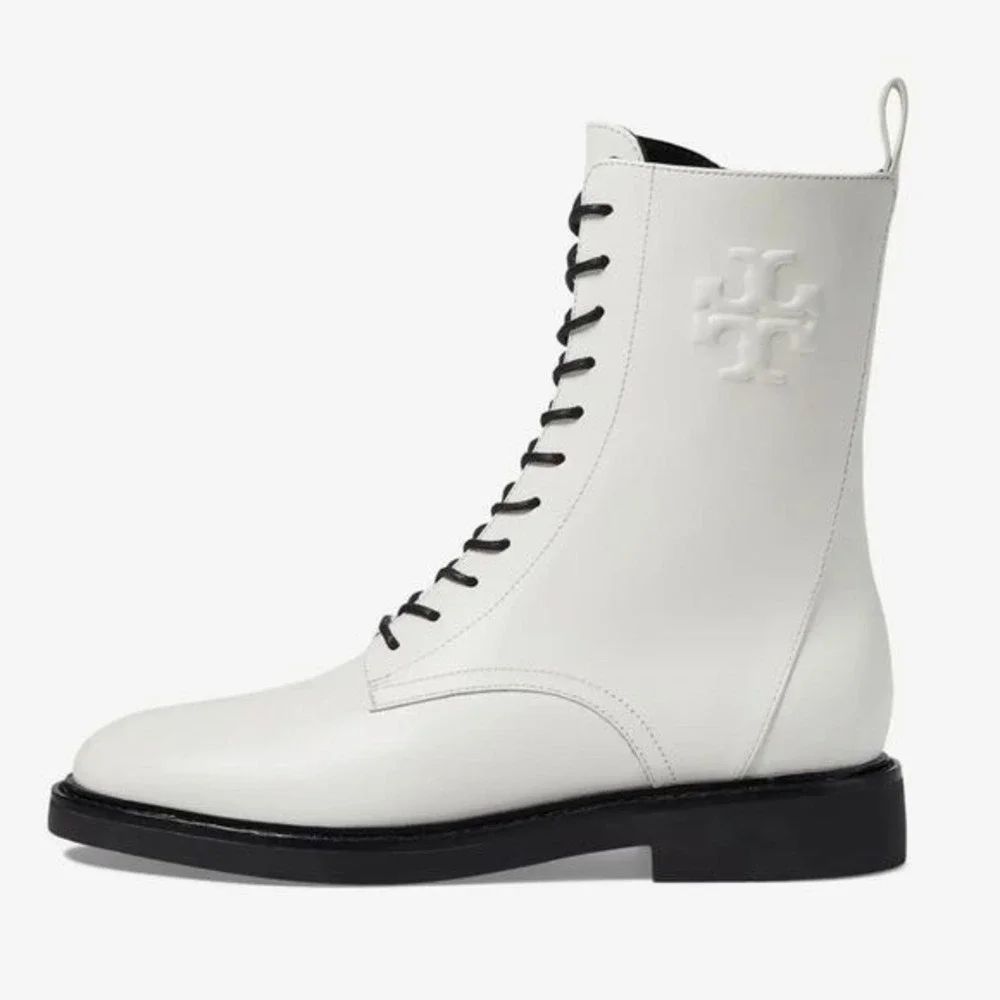 NWOB Tory Burch‎ Double-T Croc Embossed Combat Boot in Blanc Size 7.5